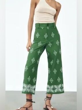 Haute Hippie Green/White Linen Blend High Waisted Wide Leg Embroidered Pant Sz 2